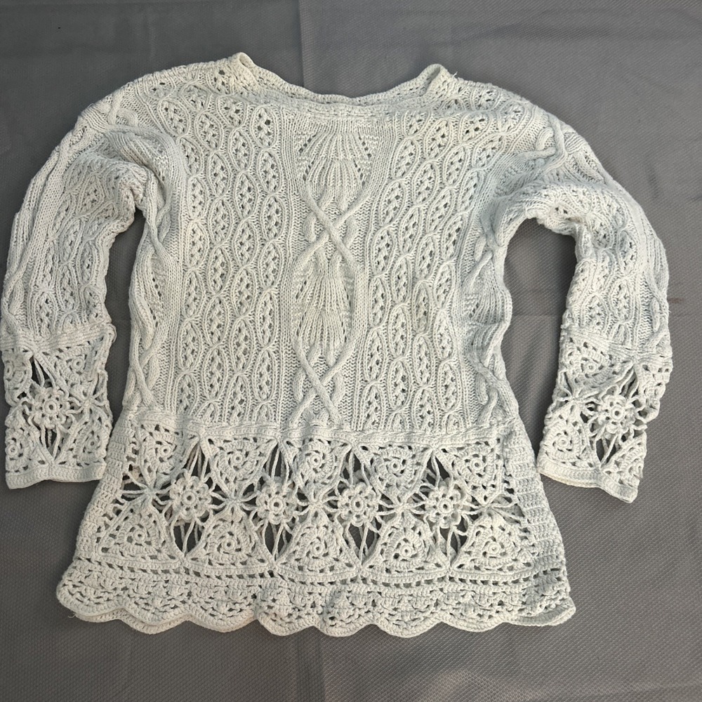 Express Tricot Handknit Crochet‎ Boho Lace Cream Ivory Pullover Sweater Small